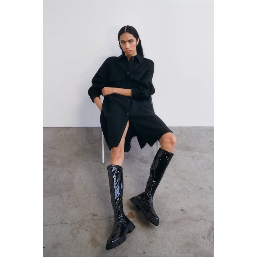 Zara Stretch Black High Shaft Patent Finish Boots